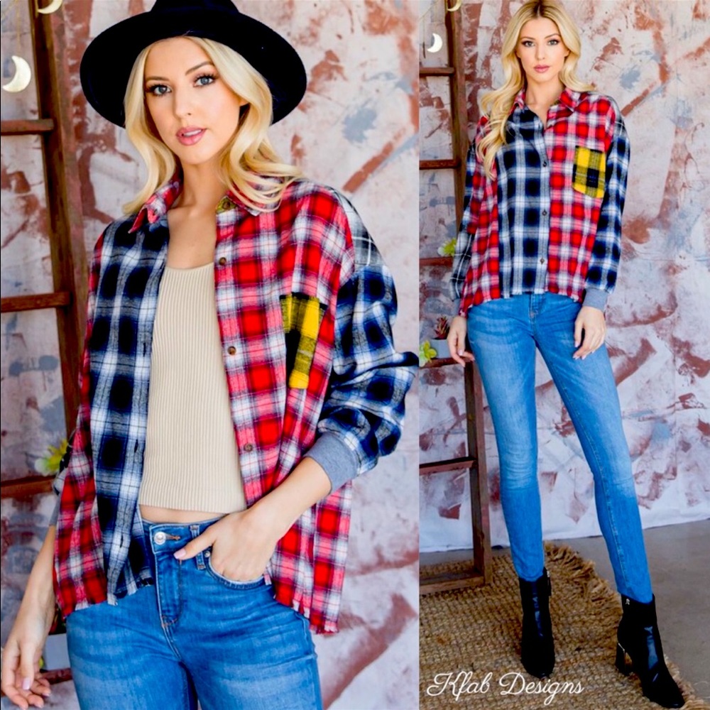 Cutest💙Color-block plaid designer inspired flannel top-best colors4 transition